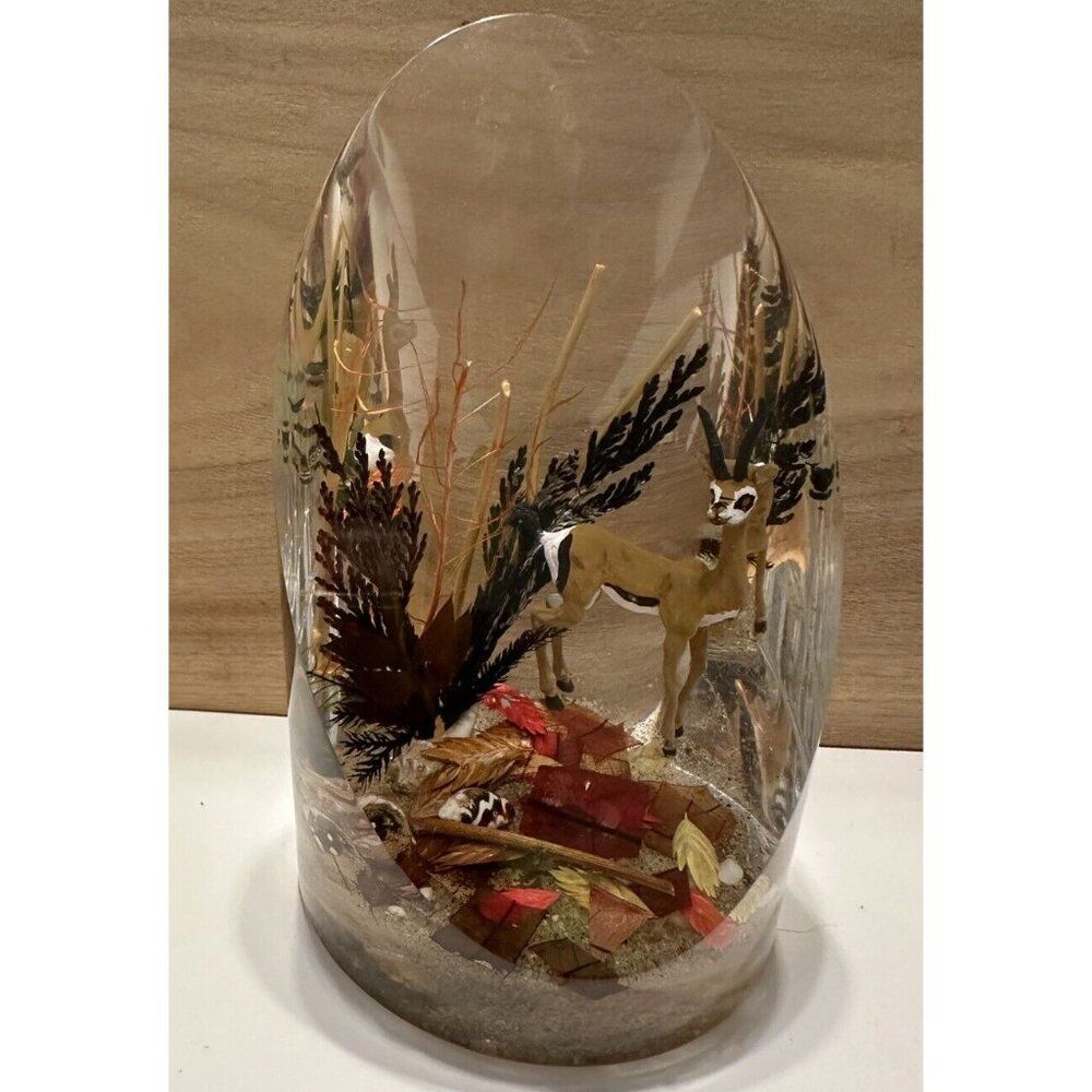 Vtg Resin Lucite Paperweight Diorama Wood Twigs Dried Leaves Gazelle Wildlife